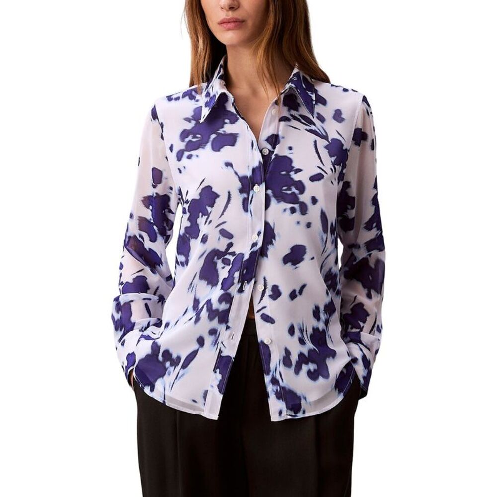 Calvin Klein Womens  Chiffon Print Relaxed Button-Down Shirt, White